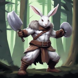 A fierce, raging white rabbitfolk barbarian wielding a massive axe