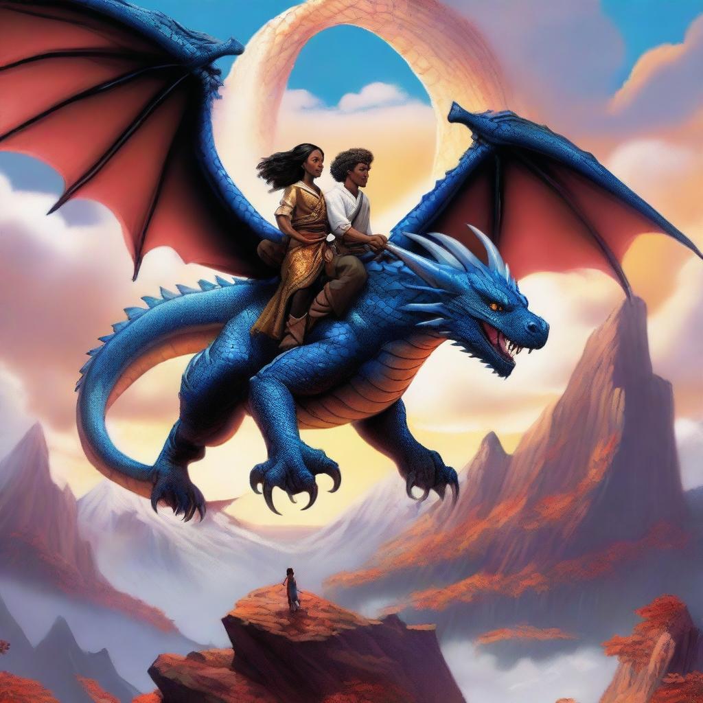 A white man and a black woman riding on the back of a majestic dragon, soaring through the sky