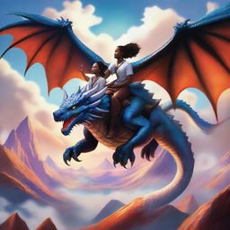 A white man and a black woman riding on the back of a majestic dragon, soaring through the sky