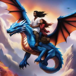 A white man and a black woman riding on the back of a majestic dragon, soaring through the sky