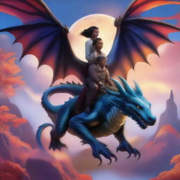 A white man and a black woman riding on the back of a majestic dragon, soaring through the sky