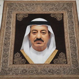 A well-crafted carpet featuring an intricate image of the Saudi King meticulously woven into its design