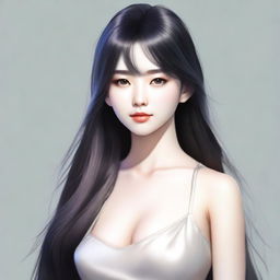 A realistic depiction of a 20-year-old Japanese woman with long black hair and beautiful eyes