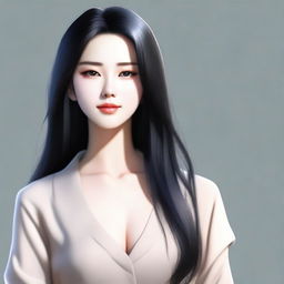 A realistic depiction of a 20-year-old Japanese woman with long black hair and beautiful eyes