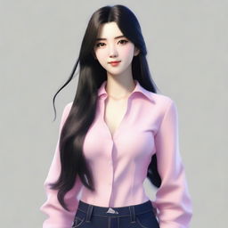 A realistic depiction of a 20-year-old Japanese woman with long black hair and beautiful eyes