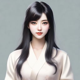 A realistic depiction of a 20-year-old Japanese woman with long black hair and beautiful eyes