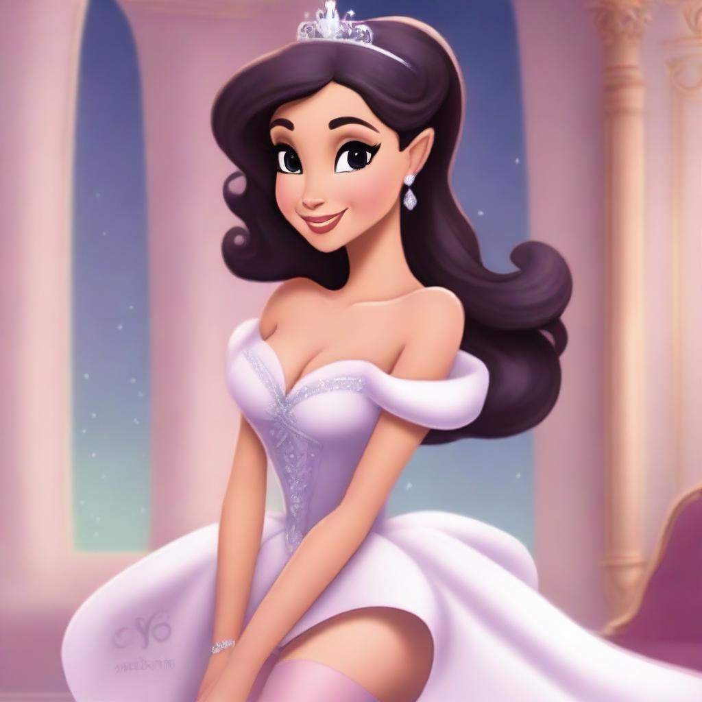 A stylized illustration of a princess resembling Ariana Grande, wearing elegant stockings