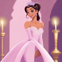 A stylized illustration of a princess resembling Ariana Grande, wearing elegant stockings