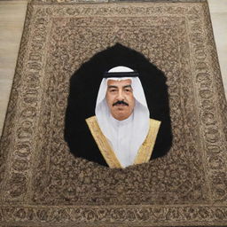 A well-crafted carpet featuring an intricate image of the Saudi King meticulously woven into its design