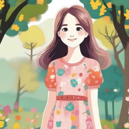 A detailed illustration of a young girl with a cheerful expression, standing in a sunny park with trees and flowers around her