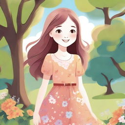 A detailed illustration of a young girl with a cheerful expression, standing in a sunny park with trees and flowers around her