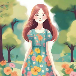 A detailed illustration of a young girl with a cheerful expression, standing in a sunny park with trees and flowers around her