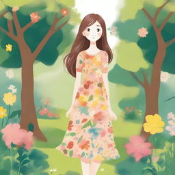 A detailed illustration of a young girl with a cheerful expression, standing in a sunny park with trees and flowers around her