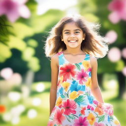 Create an image of a young girl with a joyful expression, wearing a colorful dress, and playing in a sunny park with flowers and trees in the background