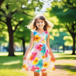 Create an image of a young girl with a joyful expression, wearing a colorful dress, and playing in a sunny park with flowers and trees in the background