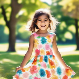 Create an image of a young girl with a joyful expression, wearing a colorful dress, and playing in a sunny park with flowers and trees in the background