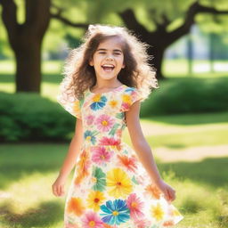 Create an image of a young girl with a joyful expression, wearing a colorful dress, and playing in a sunny park with flowers and trees in the background