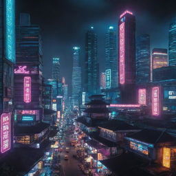 Indonesian cityscape in a cyberpunk aesthetic, featuring neon lights, futuristic technology, and traditional Indonesian architectural motifs.