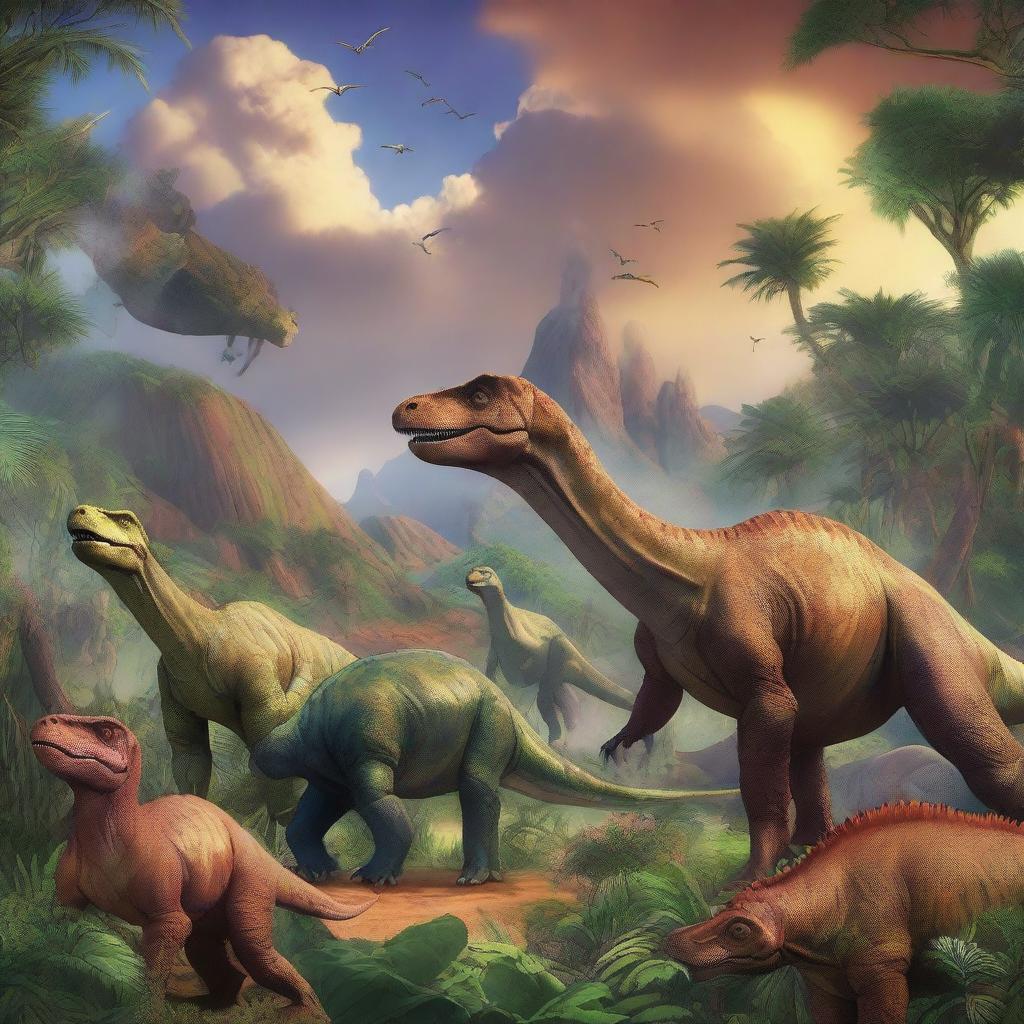 A variety of dinosaurs in a prehistoric landscape, featuring lush vegetation and a dramatic sky