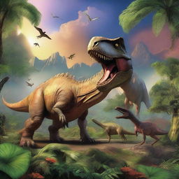 A variety of dinosaurs in a prehistoric landscape, featuring lush vegetation and a dramatic sky