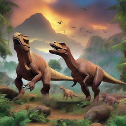 A variety of dinosaurs in a prehistoric landscape, featuring lush vegetation and a dramatic sky