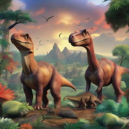 A variety of dinosaurs in a prehistoric landscape, featuring lush vegetation and a dramatic sky