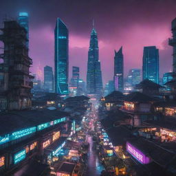 Indonesian cityscape in a cyberpunk aesthetic, featuring neon lights, futuristic technology, and traditional Indonesian architectural motifs.