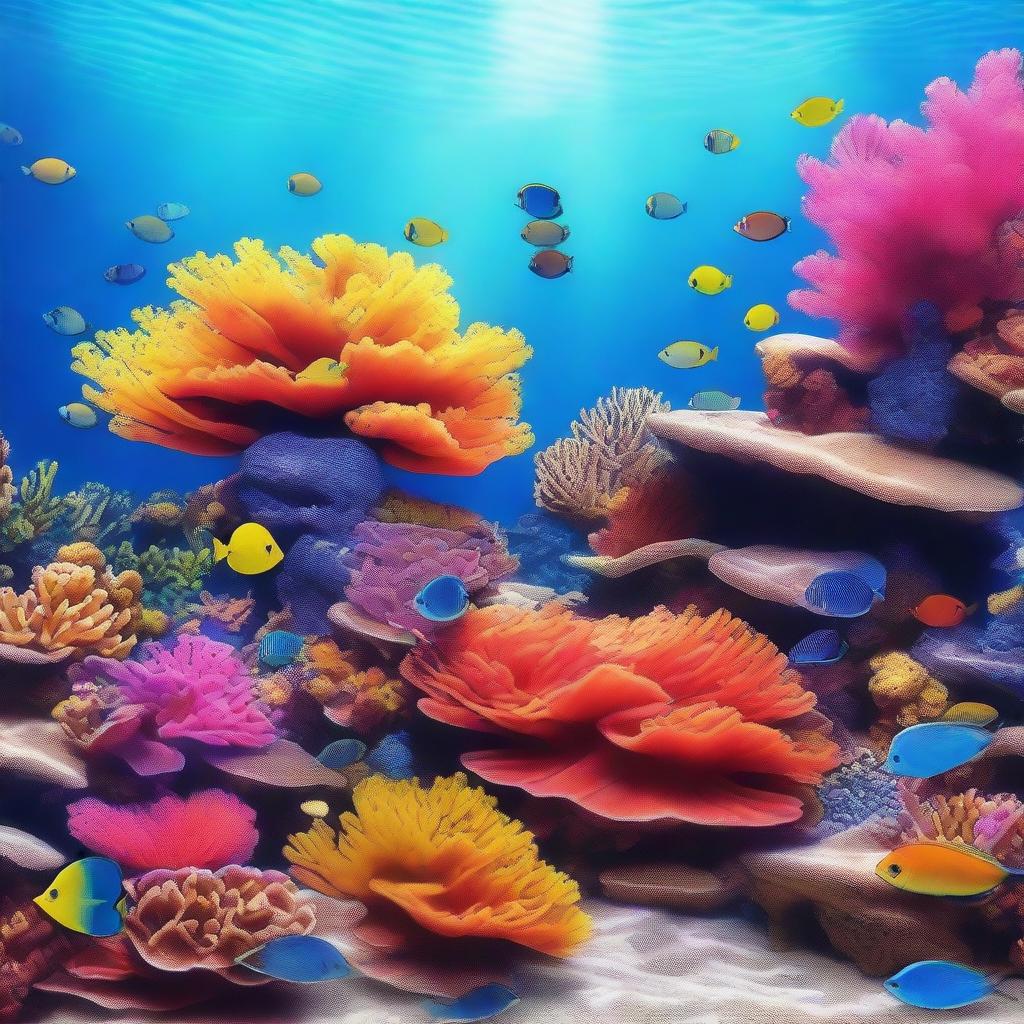 A stunning underwater coral reef scene with vibrant corals, colorful fish, and clear blue water