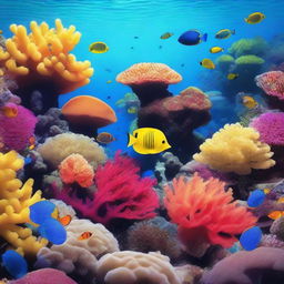 A stunning underwater coral reef scene with vibrant corals, colorful fish, and clear blue water