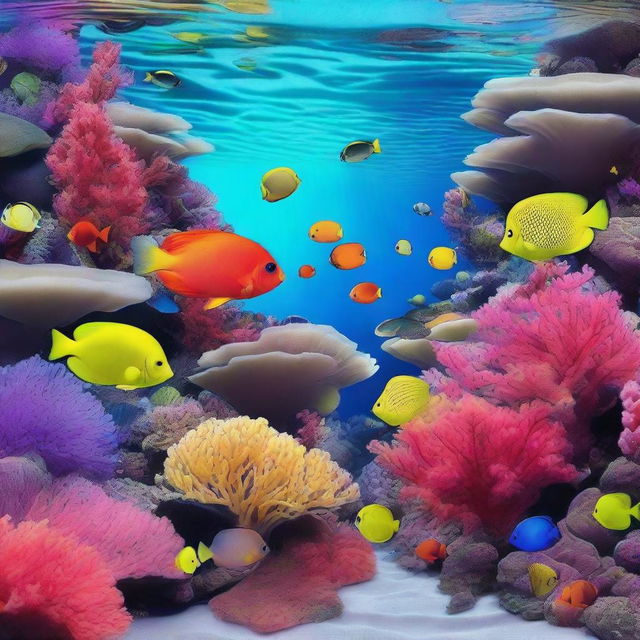 A stunning underwater coral reef scene with vibrant corals, colorful fish, and clear blue water