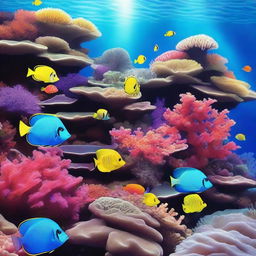 A stunning underwater coral reef scene with vibrant corals, colorful fish, and clear blue water