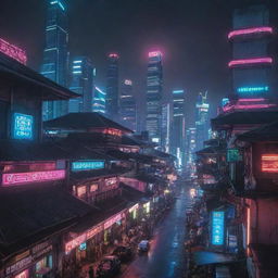 Indonesian cityscape in a cyberpunk aesthetic, featuring neon lights, futuristic technology, and traditional Indonesian architectural motifs.