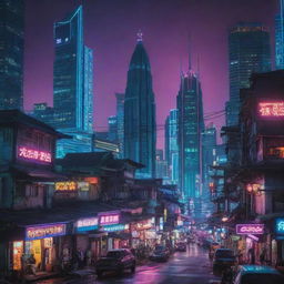 Indonesian cityscape in a cyberpunk aesthetic, featuring neon lights, futuristic technology, and traditional Indonesian architectural motifs.