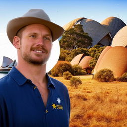 A man from Australia depicted in traditional Australian clothing against a backdrop of iconic Australian landmarks.