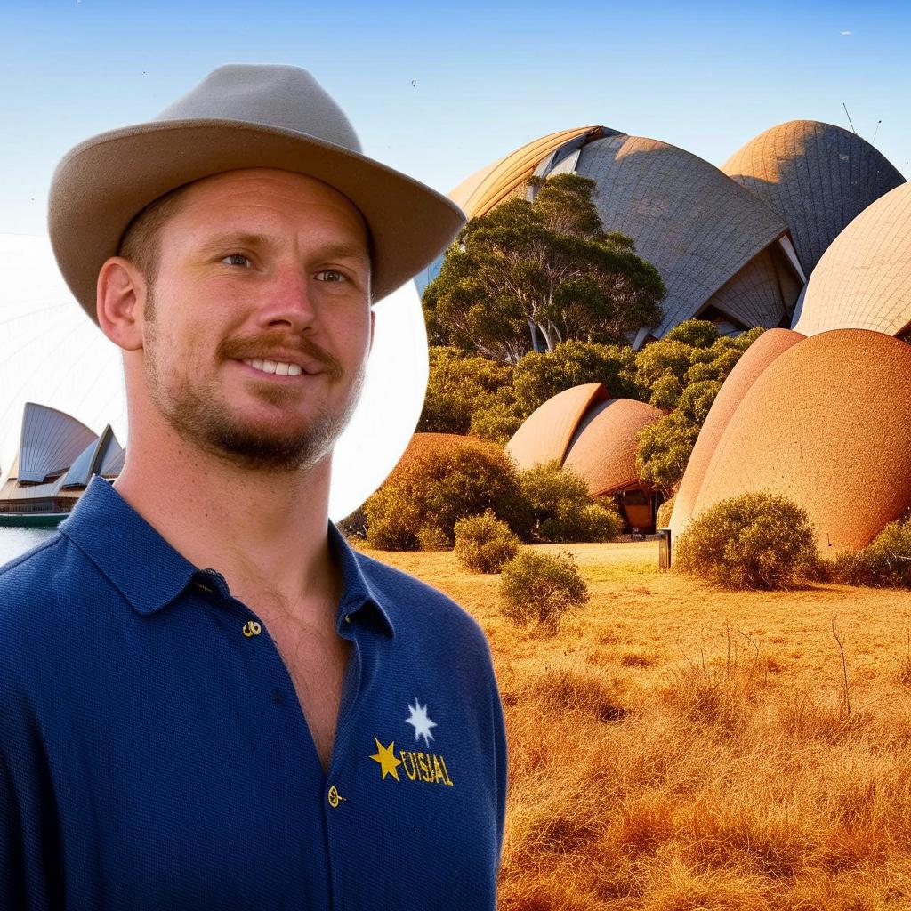A man from Australia depicted in traditional Australian clothing against a backdrop of iconic Australian landmarks.