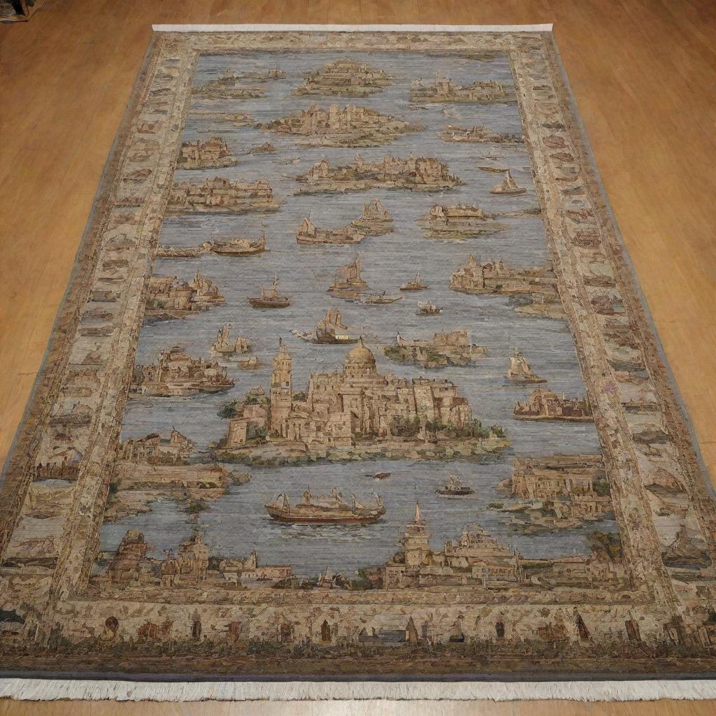 An exquisite carpet depicting famous world landmarks beautifully woven into the fabric