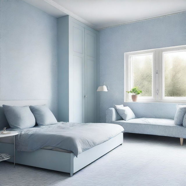 A 14 square meter bedroom with light gray Scandinavian style flooring