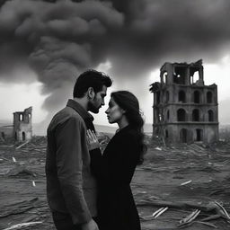 Two lovers looking into each other's eyes amidst the backdrop of a war-torn Armenia