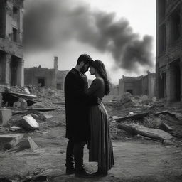 Two lovers looking into each other's eyes amidst the backdrop of a war-torn Armenia