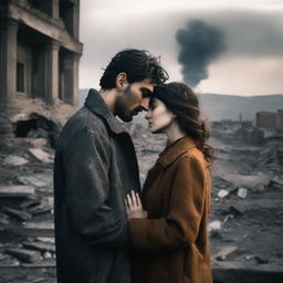 Two lovers looking into each other's eyes amidst the backdrop of a war-torn Armenia