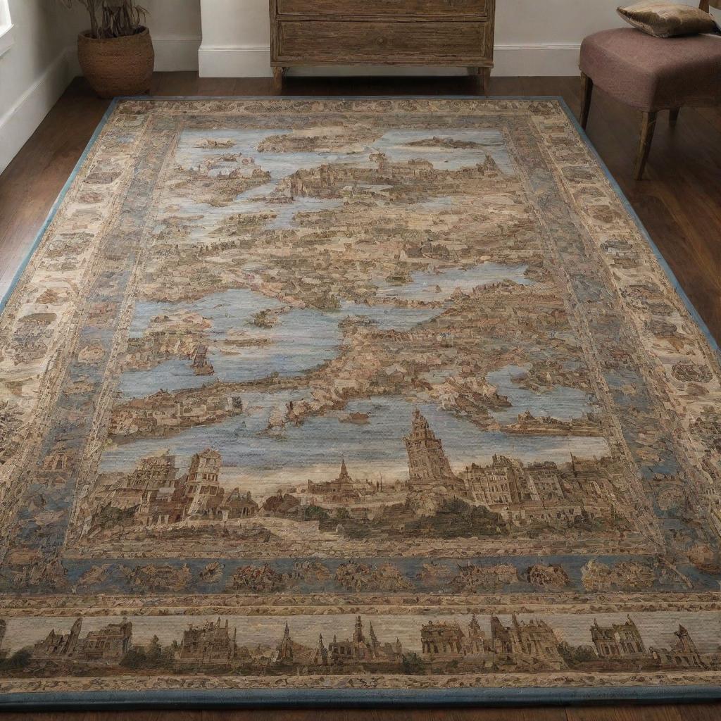 An exquisite carpet depicting famous world landmarks beautifully woven into the fabric