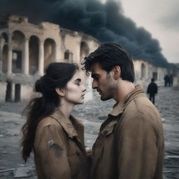 Two lovers looking into each other's eyes amidst the backdrop of a war-torn Armenia