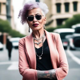 A mature woman with a tongue piercing, showcasing her confident and stylish demeanor