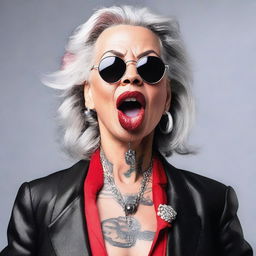 A mature woman with a tongue piercing, showcasing her confident and stylish demeanor