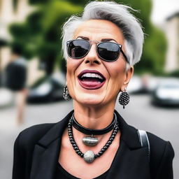 A mature woman with a tongue piercing, showcasing her confident and stylish demeanor