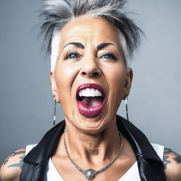 A mature woman with a tongue piercing, showcasing her confident and stylish demeanor