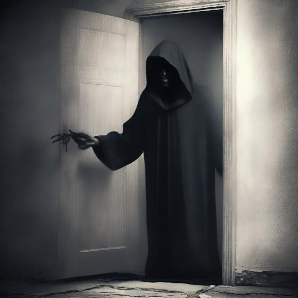 Create a book cover featuring a grim reaper knocking on a door