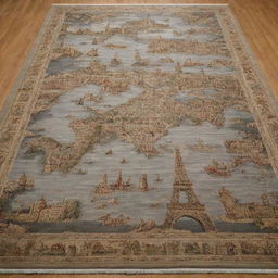 An exquisite carpet depicting famous world landmarks beautifully woven into the fabric