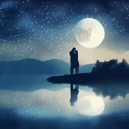 Create a romantic book cover featuring a couple embracing under a starry night sky