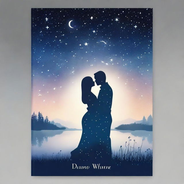 Create a romantic book cover featuring a couple embracing under a starry night sky